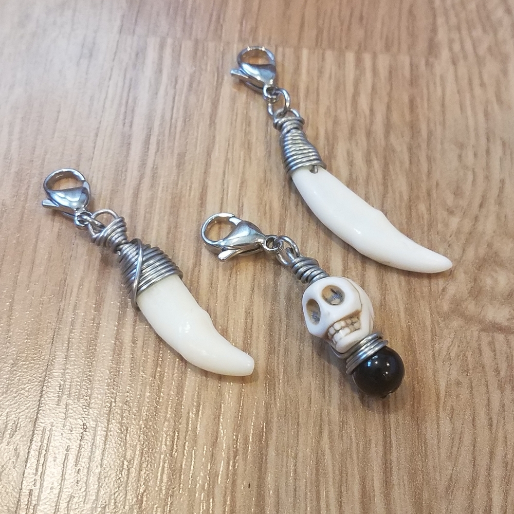 FINAL PRICE Skull Coyote Teeth Tourmaline Wire Wrapped Asymmetrical Charm Set